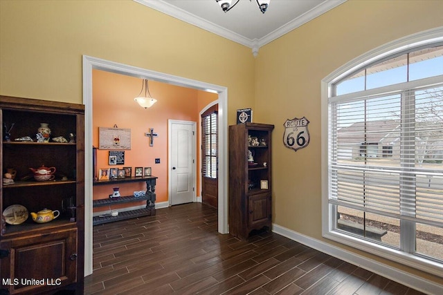 entryway with ornamental molding and dark hardwood / wood-style floors