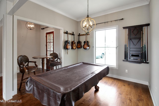 119 Shore View Dr, Madison, MS 39110 - recreation room featuring a chandelier, wood finished floors, baseboards, billiards table, and crown molding