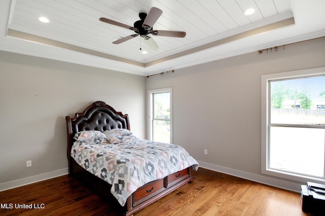 119 Shore View Dr, Madison, MS 39110 - bedroom featuring a tray ceiling, baseboards, wood finished floors, recessed lighting, and wooden ceiling