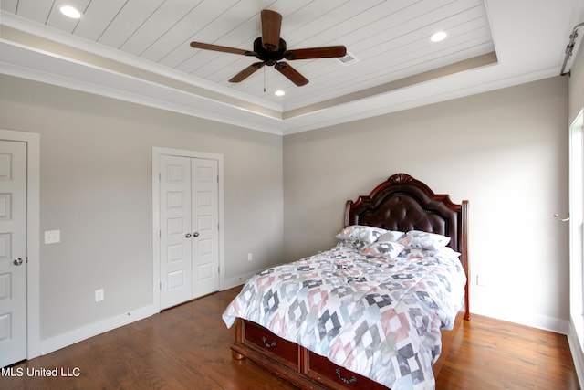 119 Shore View Dr, Madison, MS 39110 - bedroom featuring a raised ceiling, wood finished floors, baseboards, wooden ceiling, and recessed lighting