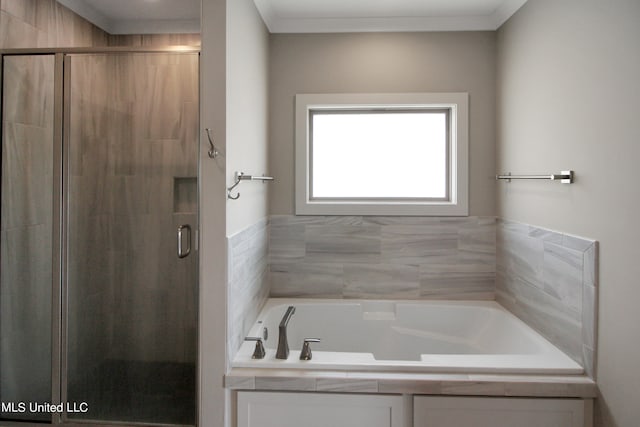 bathroom featuring separate shower and tub and ornamental molding