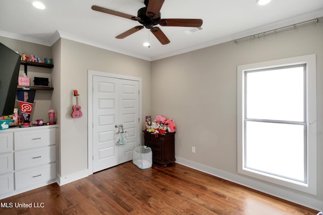119 Shore View Dr, Madison, MS 39110 - bedroom featuring ornamental molding, wood finished floors, baseboards, recessed lighting, and ceiling fan