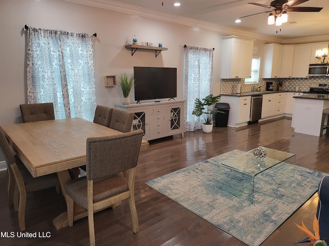 4024 Honshu St, Bay Saint Louis, MS 39520 - dining space featuring visible vents, ceiling fan, dark wood-style floors, crown molding, and recessed lighting