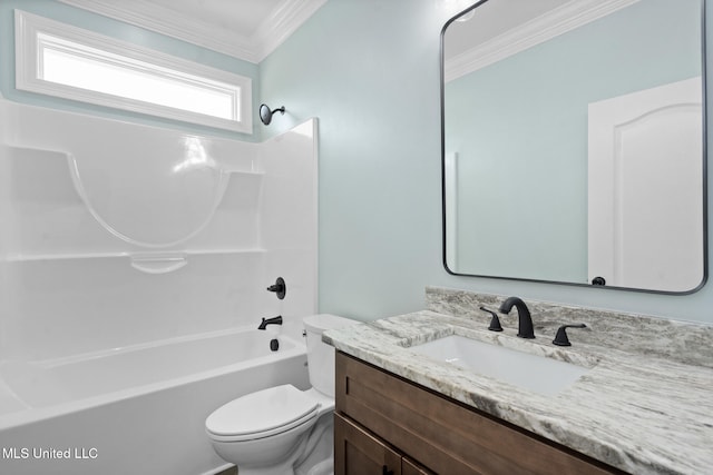 full bathroom with toilet, vanity, ornamental molding, and washtub / shower combination