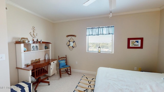 bedroom with ornamental molding, light carpet, and ceiling fan