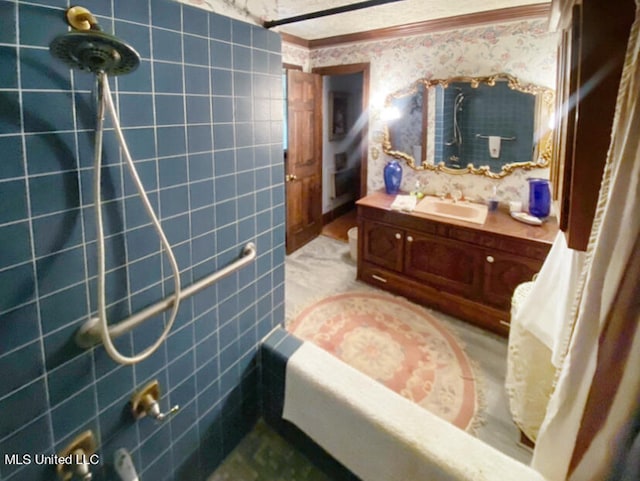 bathroom featuring vanity and shower / bath combination with curtain