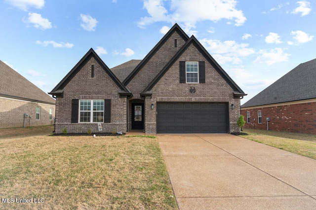 view of front of house featuring concrete driveway, brick siding, an attached garage, and a front yard