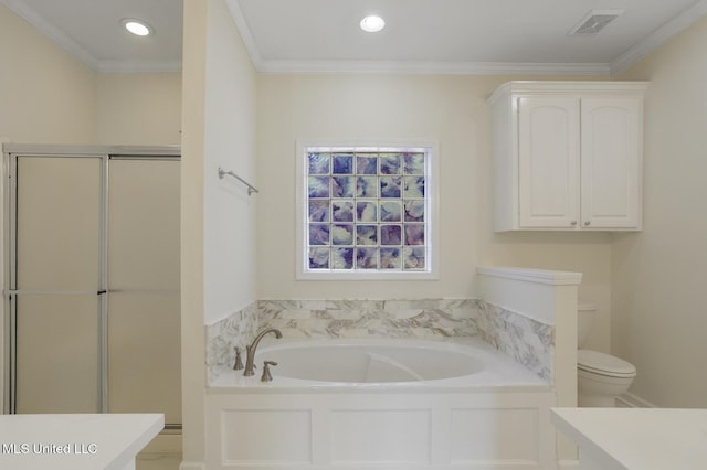 119 Middle Field Dr, Canton, MS 39046 - bathroom featuring a garden tub, toilet, a stall shower, recessed lighting, and crown molding