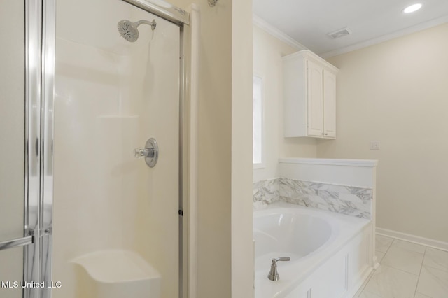119 Middle Field Dr, Canton, MS 39046 - bathroom featuring a shower stall, ornamental molding, a garden tub, baseboards, and recessed lighting