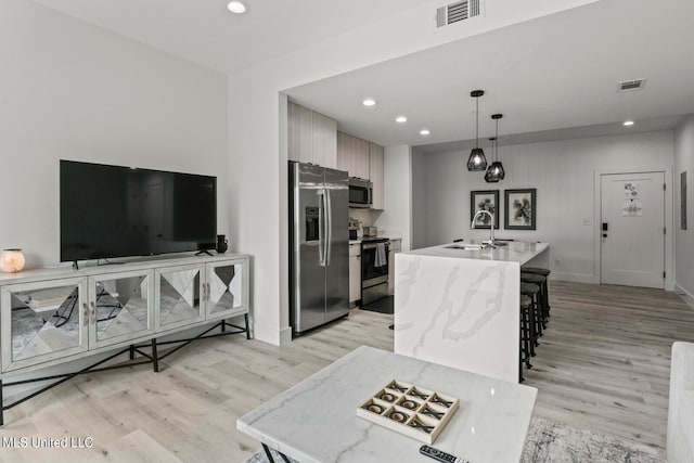 kitchen featuring an island with sink, light hardwood / wood-style flooring, sink, pendant lighting, and stainless steel appliances