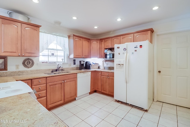 kitchen featuring crown molding, white appliances, sink, and light tile patterned floors