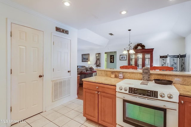 kitchen with light tile patterned flooring, a chandelier, ornamental molding, white electric stove, and pendant lighting