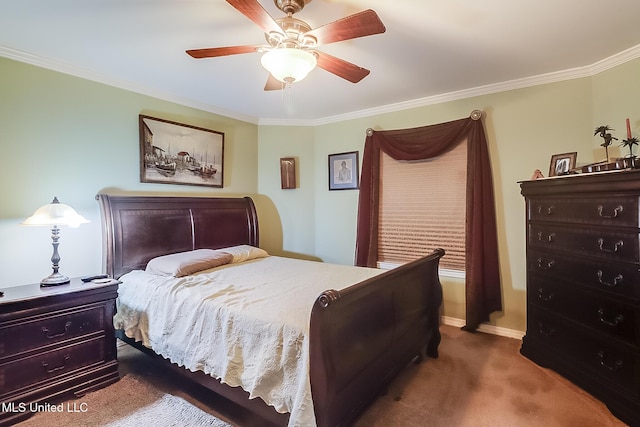 bedroom with ornamental molding, ceiling fan, and dark colored carpet