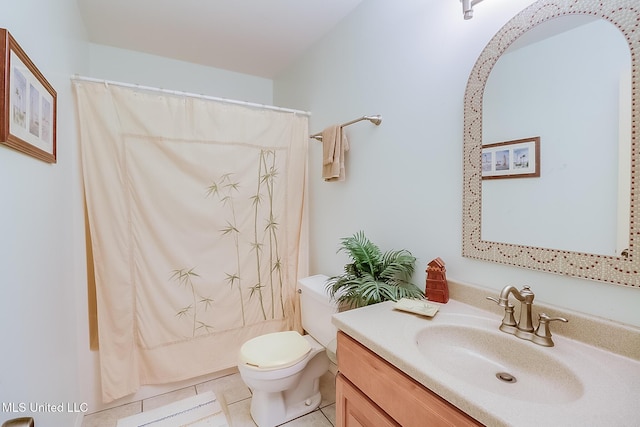 full bathroom with tile patterned flooring, vanity, shower / bath combo with shower curtain, and toilet