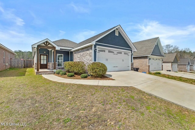 view of front of property featuring fence, concrete driveway, a front yard, a garage, and brick siding