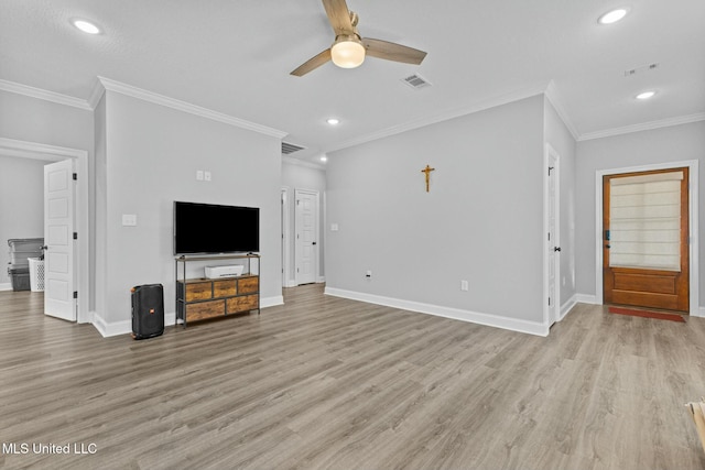 unfurnished living room with light wood-type flooring, visible vents, baseboards, and ceiling fan