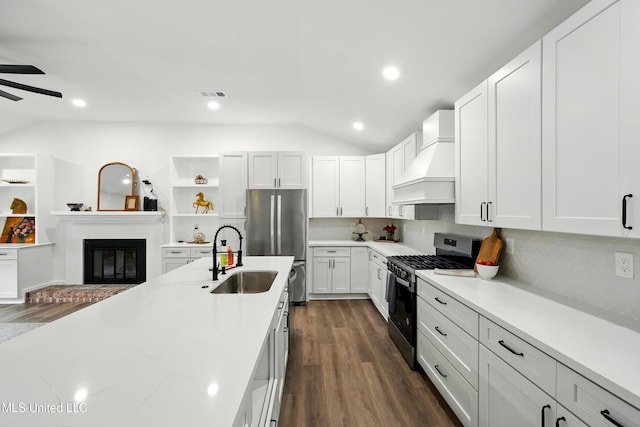 280 Bobby Ln, Picayune, MS 39466 - kitchen featuring appliances with stainless steel finishes, custom range hood, lofted ceiling, a sink, and a ceiling fan