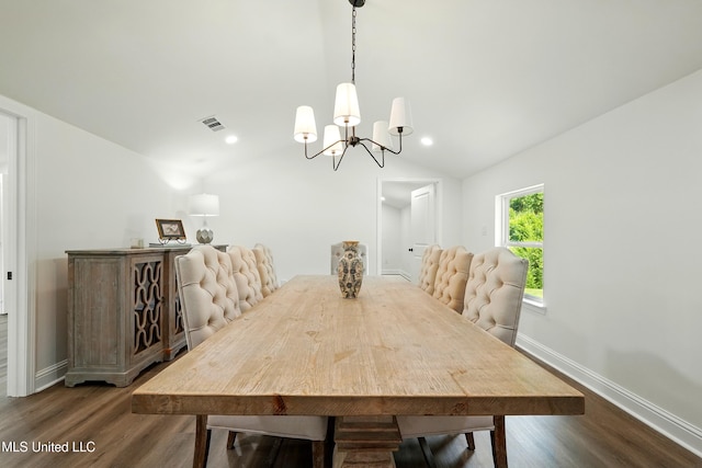 280 Bobby Ln, Picayune, MS 39466 - dining area featuring dark wood-style floors, a chandelier, baseboards, vaulted ceiling, and recessed lighting