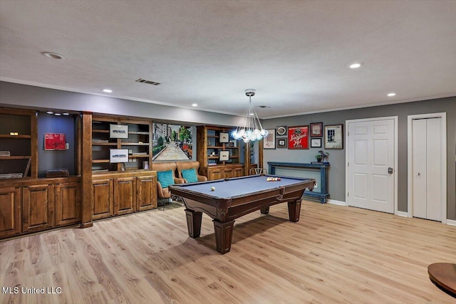 363 Lake Harbor Rd, Brandon, MS 39047 - rec room featuring light wood-style floors, pool table, ornamental molding, recessed lighting, and a chandelier