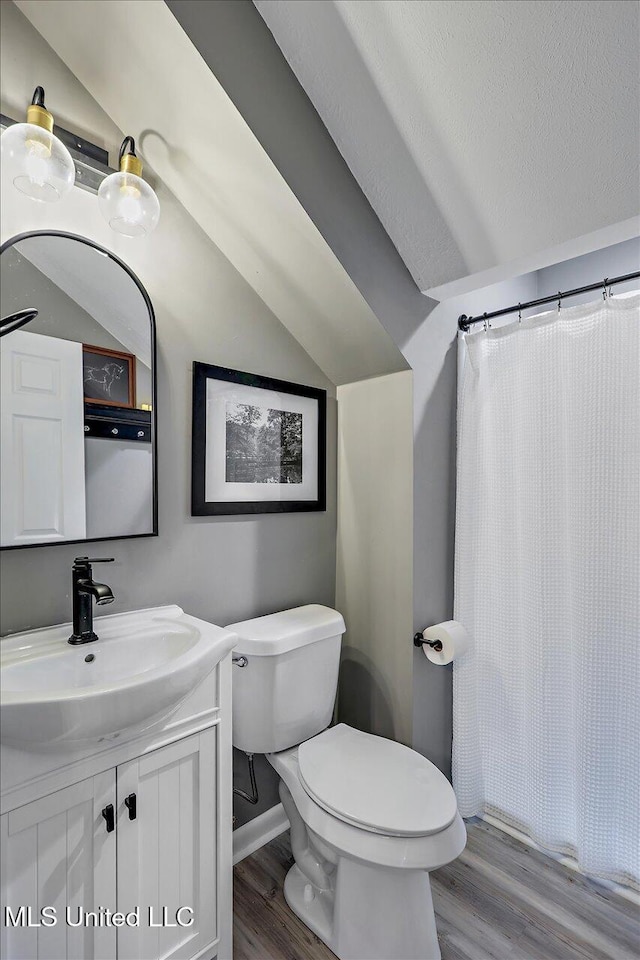 363 Lake Harbor Rd, Brandon, MS 39047 - bathroom with wood finished floors, toilet, vanity, lofted ceiling, and baseboards