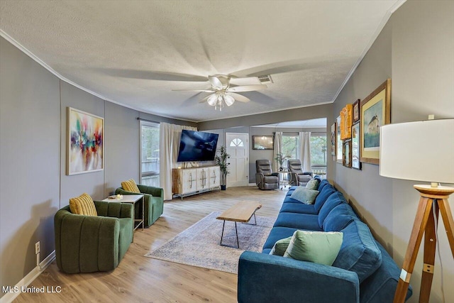 363 Lake Harbor Rd, Brandon, MS 39047 - living area with crown molding, light wood finished floors, a ceiling fan, a textured ceiling, and baseboards