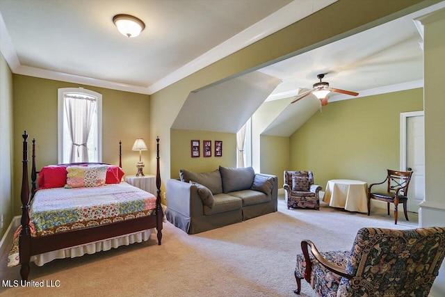 carpeted bedroom featuring ornamental molding and ceiling fan