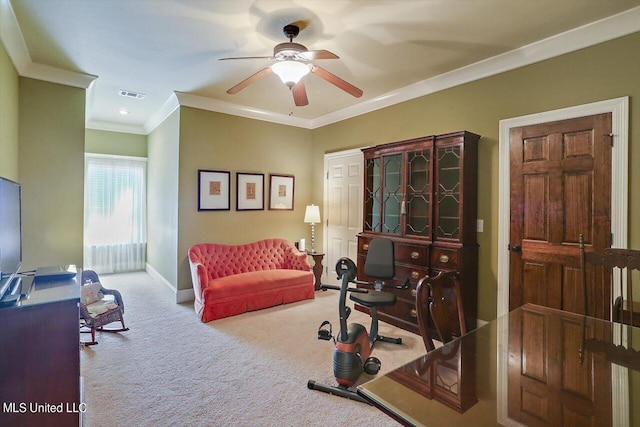 workout room with light carpet, ornamental molding, and ceiling fan