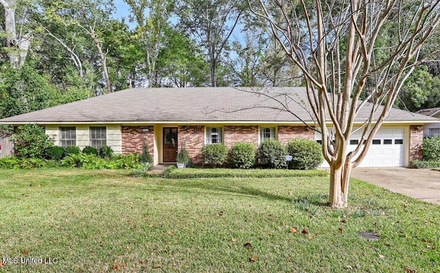 ranch-style house with a garage and a front lawn