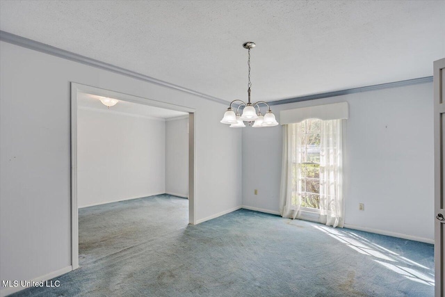 carpeted empty room featuring a textured ceiling, a notable chandelier, and crown molding