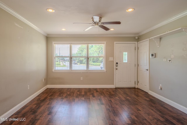 2623 Demaret Dr, Gulfport, MS 39507 - entrance foyer with a ceiling fan, dark wood finished floors, crown molding, baseboards, and recessed lighting