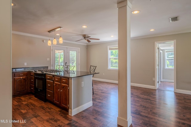 2623 Demaret Dr, Gulfport, MS 39507 - kitchen featuring black gas stove, crown molding, healthy amount of natural light, dark wood-type flooring, and french doors
