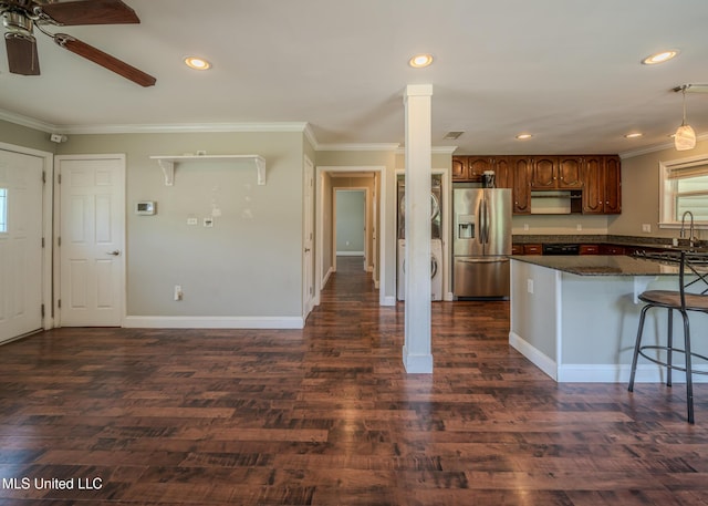 2623 Demaret Dr, Gulfport, MS 39507 - kitchen featuring stainless steel fridge with ice dispenser, a ceiling fan, crown molding, a breakfast bar area, and dark wood-style flooring