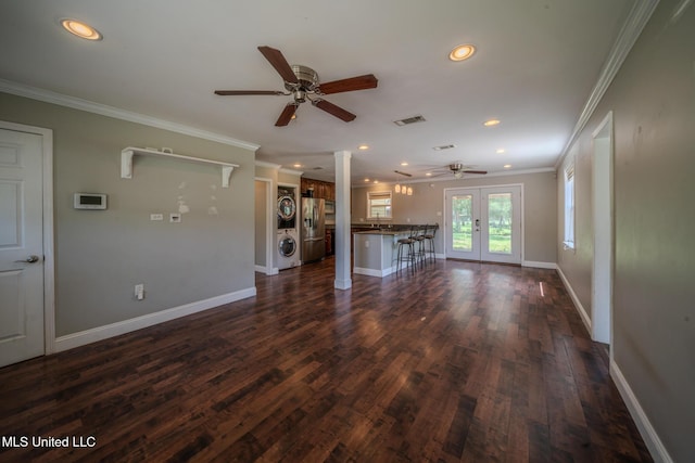 2623 Demaret Dr, Gulfport, MS 39507 - unfurnished living room featuring a ceiling fan, recessed lighting, baseboards, ornamental molding, and dark wood-type flooring