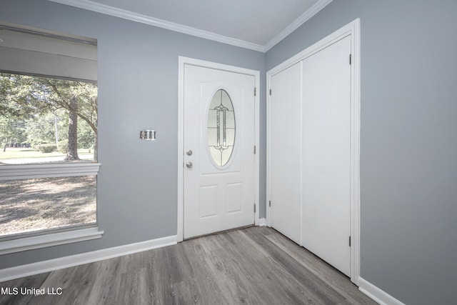 entrance foyer with a wealth of natural light, wood-type flooring, and crown molding