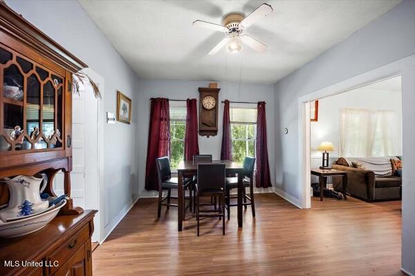 dining space featuring light wood-type flooring and ceiling fan