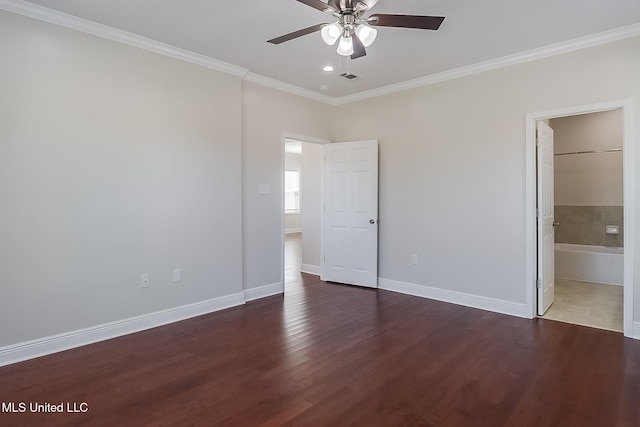 unfurnished bedroom with ceiling fan, visible vents, baseboards, ornamental molding, and dark wood-style floors