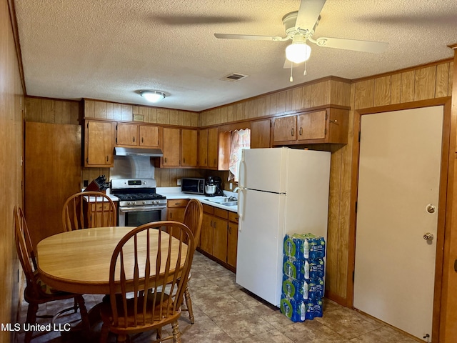 126 Lyon Dr, Grenada, MS 38901 - kitchen featuring sink, a textured ceiling, wooden walls, ceiling fan, and stainless steel appliances