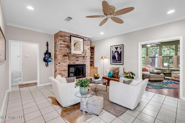 807 Woodglen Dr, Ocean Springs, MS 39564 - living room featuring a ceiling fan, light tile patterned floors, a fireplace, ornamental molding, and recessed lighting