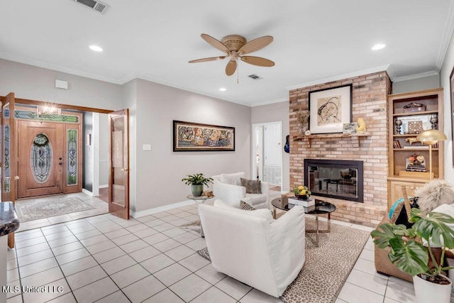 807 Woodglen Dr, Ocean Springs, MS 39564 - living room featuring ceiling fan, light tile patterned floors, baseboards, a fireplace, and recessed lighting