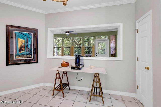 807 Woodglen Dr, Ocean Springs, MS 39564 - dining room featuring baseboards, crown molding, a ceiling fan, and light tile patterned floors