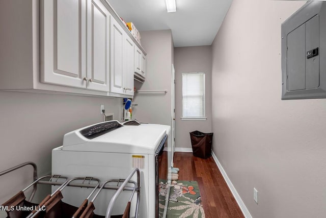 807 Woodglen Dr, Ocean Springs, MS 39564 - laundry area with electric panel, cabinet space, dark wood finished floors, separate washer and dryer, and baseboards