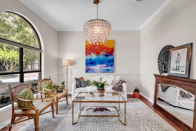 807 Woodglen Dr, Ocean Springs, MS 39564 - living room with wood finished floors, a chandelier, crown molding, and baseboards