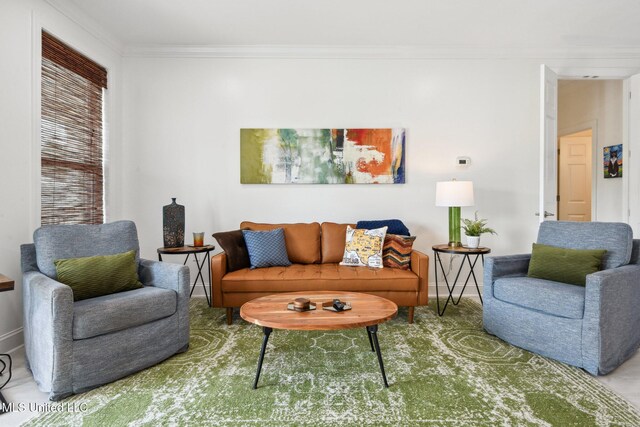 living room with crown molding