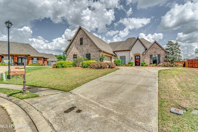view of front facade with brick siding, driveway, a front yard, and a garage