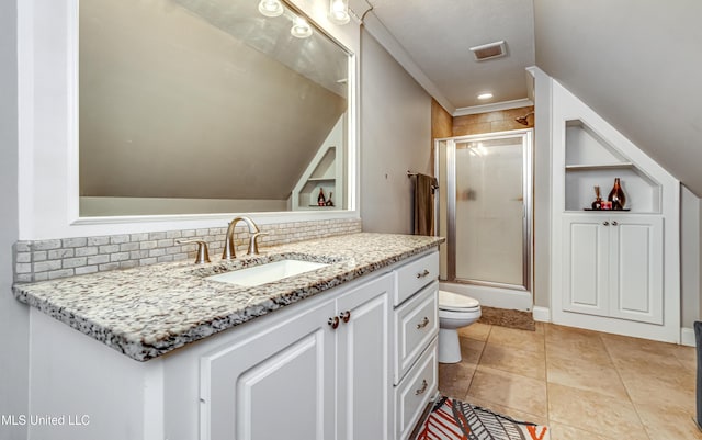 full bathroom with visible vents, vanity, toilet, a shower stall, and backsplash