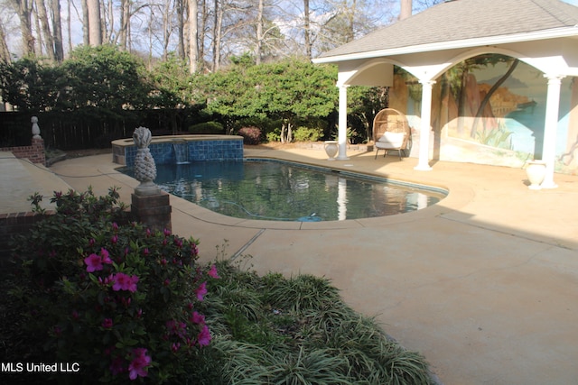 view of swimming pool featuring a patio and pool water feature