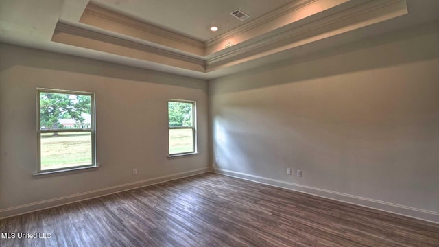 empty room with wood finished floors, a wealth of natural light, crown molding, and a tray ceiling