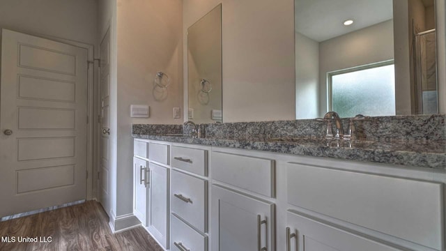 bathroom with double vanity, wood finished floors, baseboards, and a sink