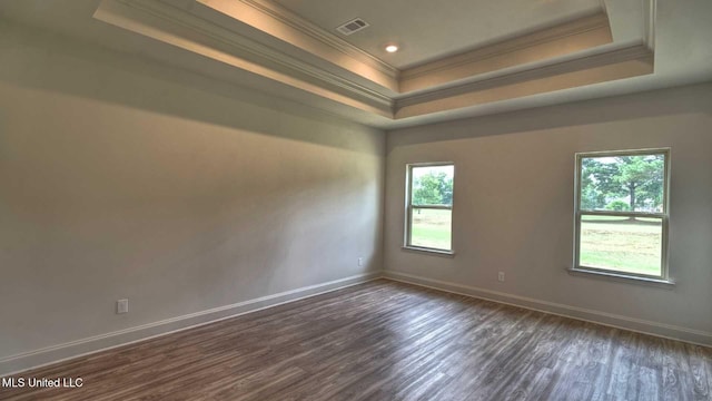spare room featuring ornamental molding, visible vents, a healthy amount of sunlight, and a tray ceiling