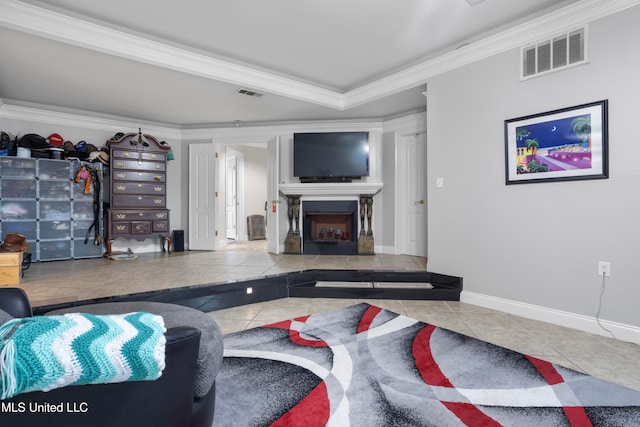 tiled living room with crown molding